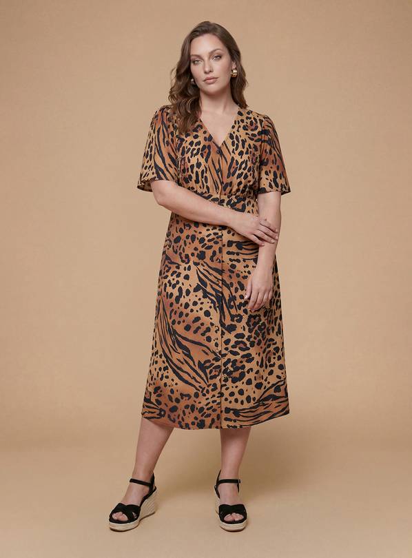 DOROTHY PERKINS Curve Animal Button Front Angel Sleeve Tie Back Midi Dress 22